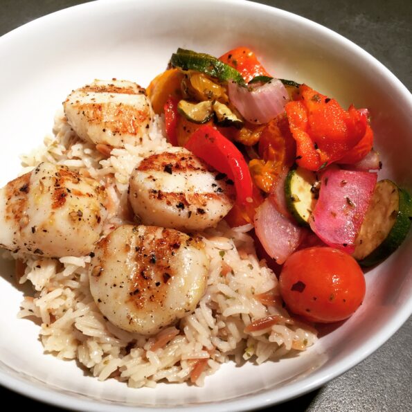lemon everything kind of night: grilled scallops with grilled veggies and rice IMG_6353