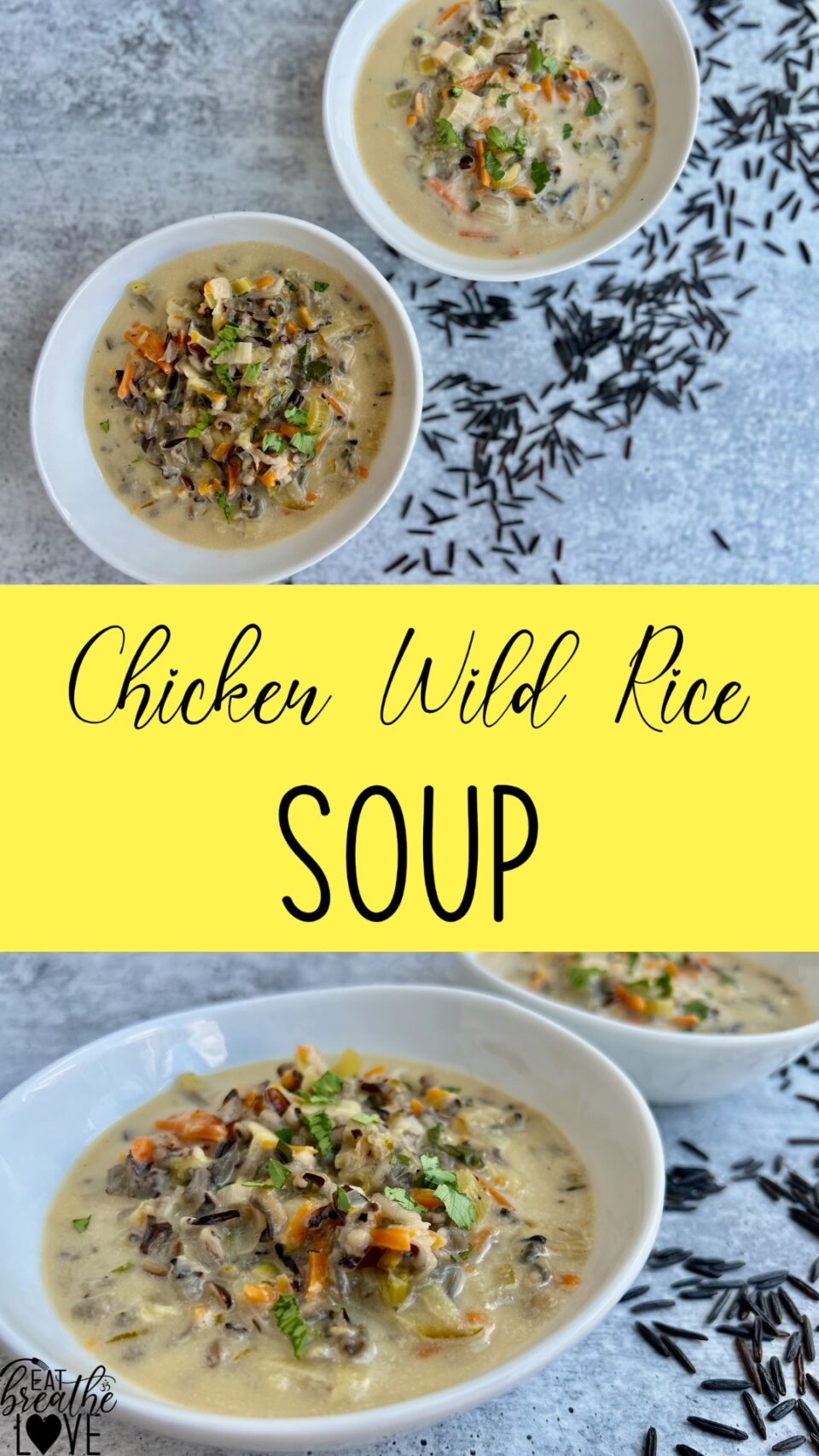 Chicken Wild Rice Soup Pictures of bowls of chicken wild rice soup with wild rice around it