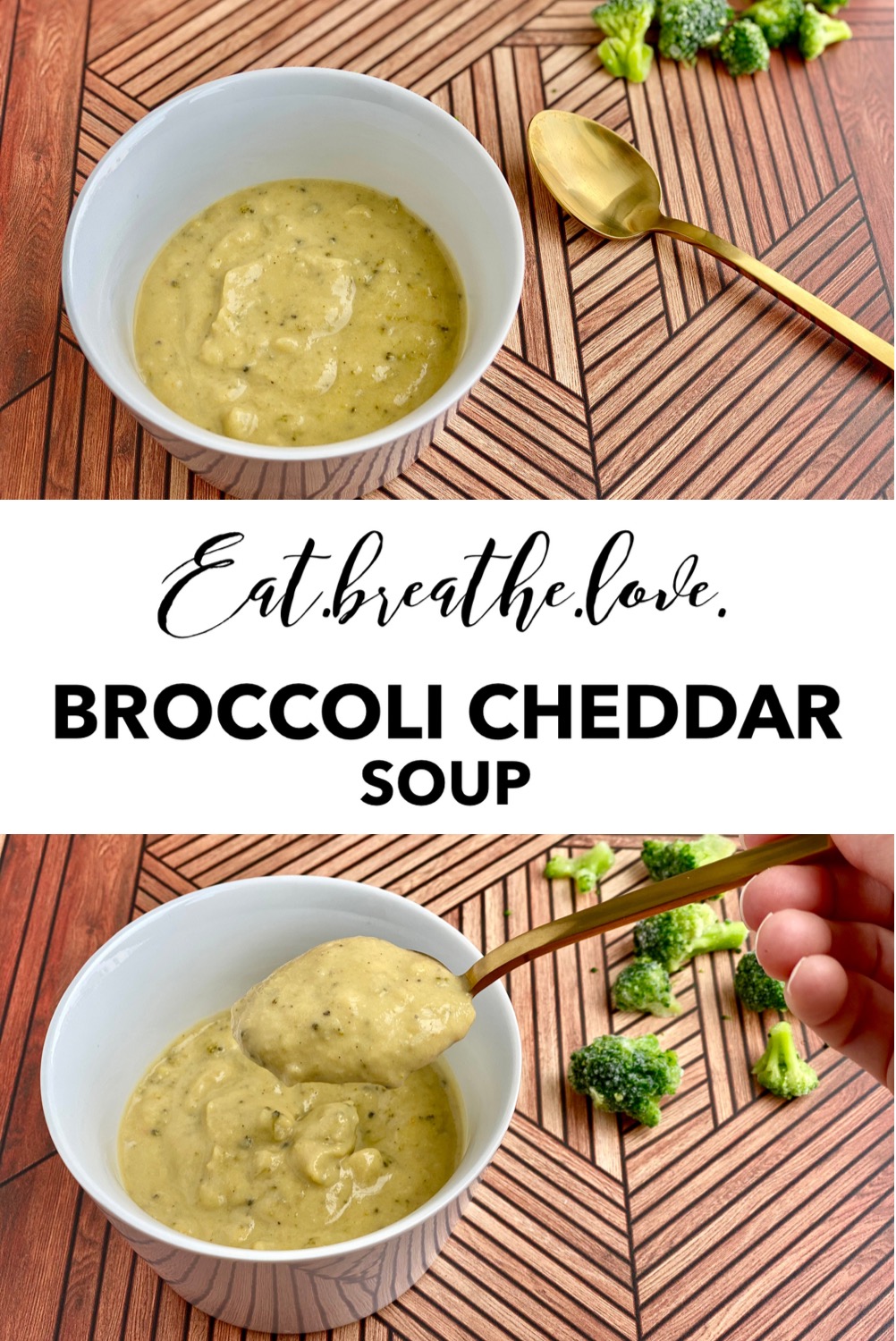Easy Broccoli Cheddar Soup Image with a picture of broccoli cheddar soup