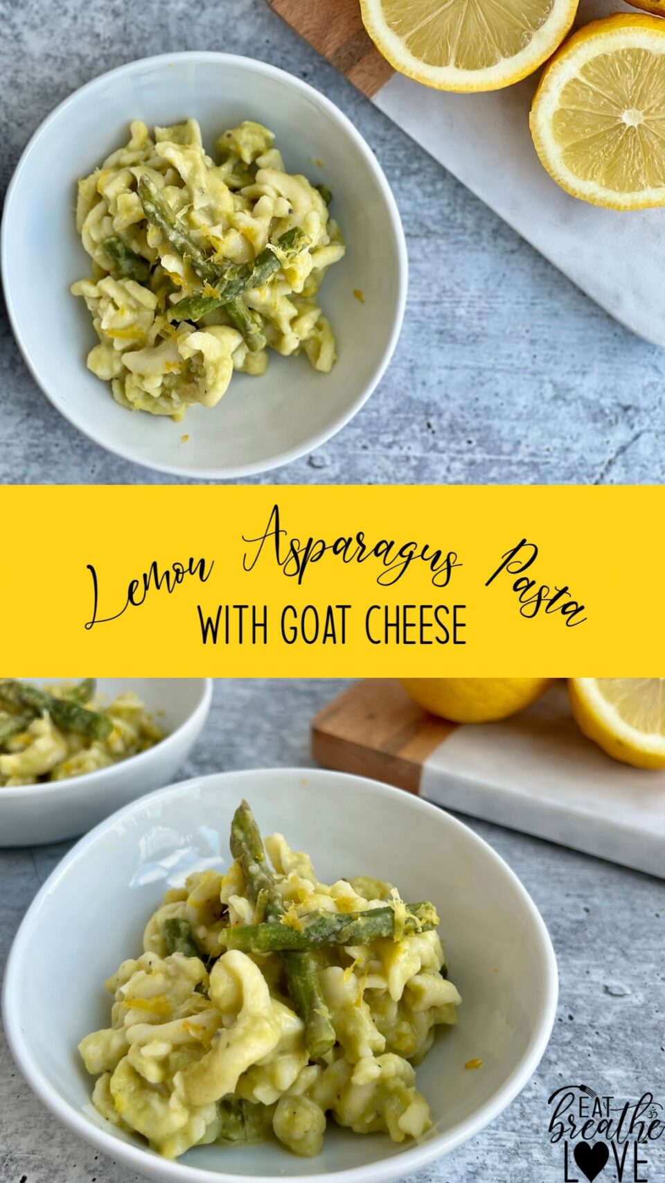 Picture of a bowl of pasta with asparagus and lemons