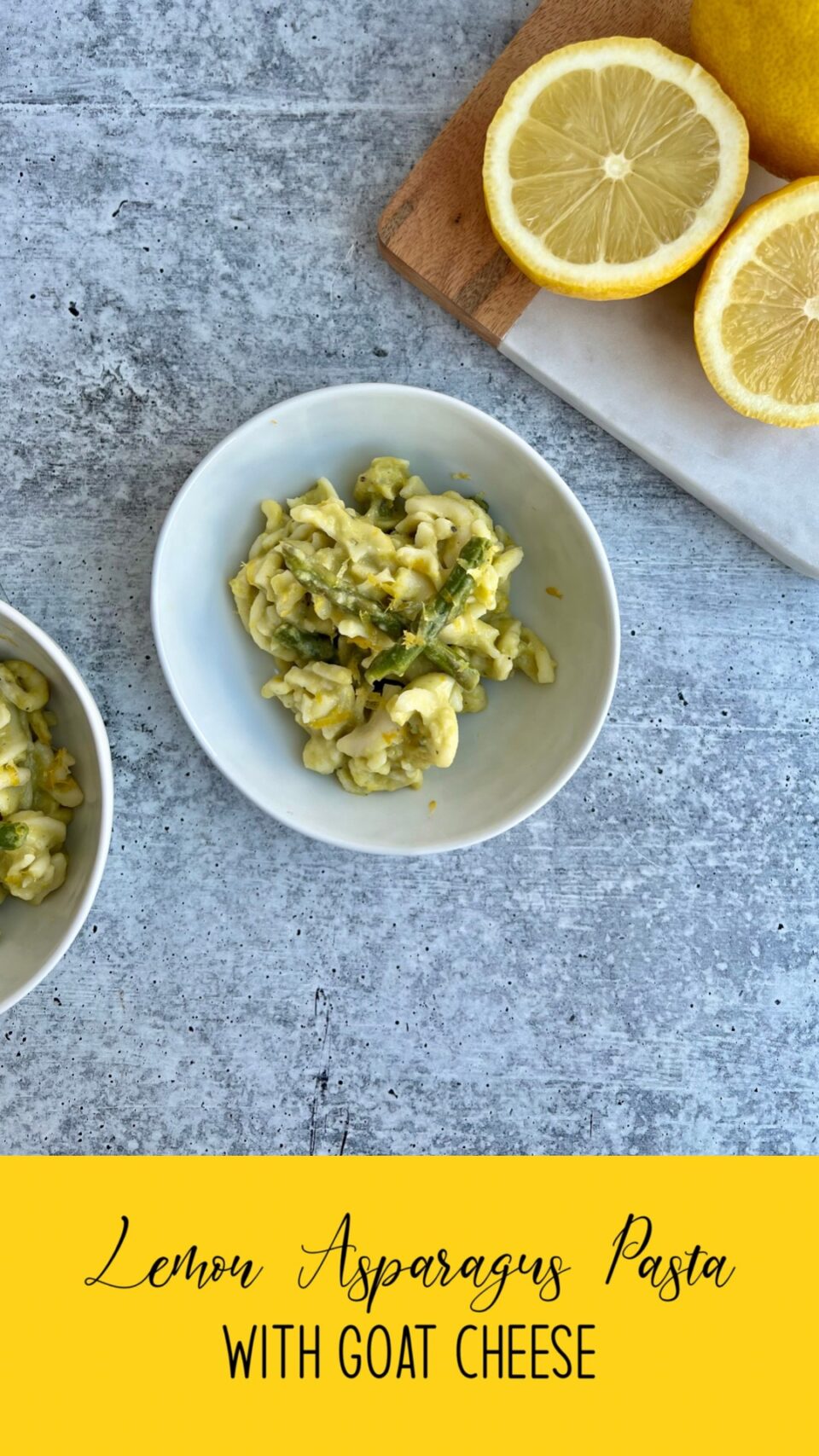 Picture of a bowl of pasta with asparagus and lemons