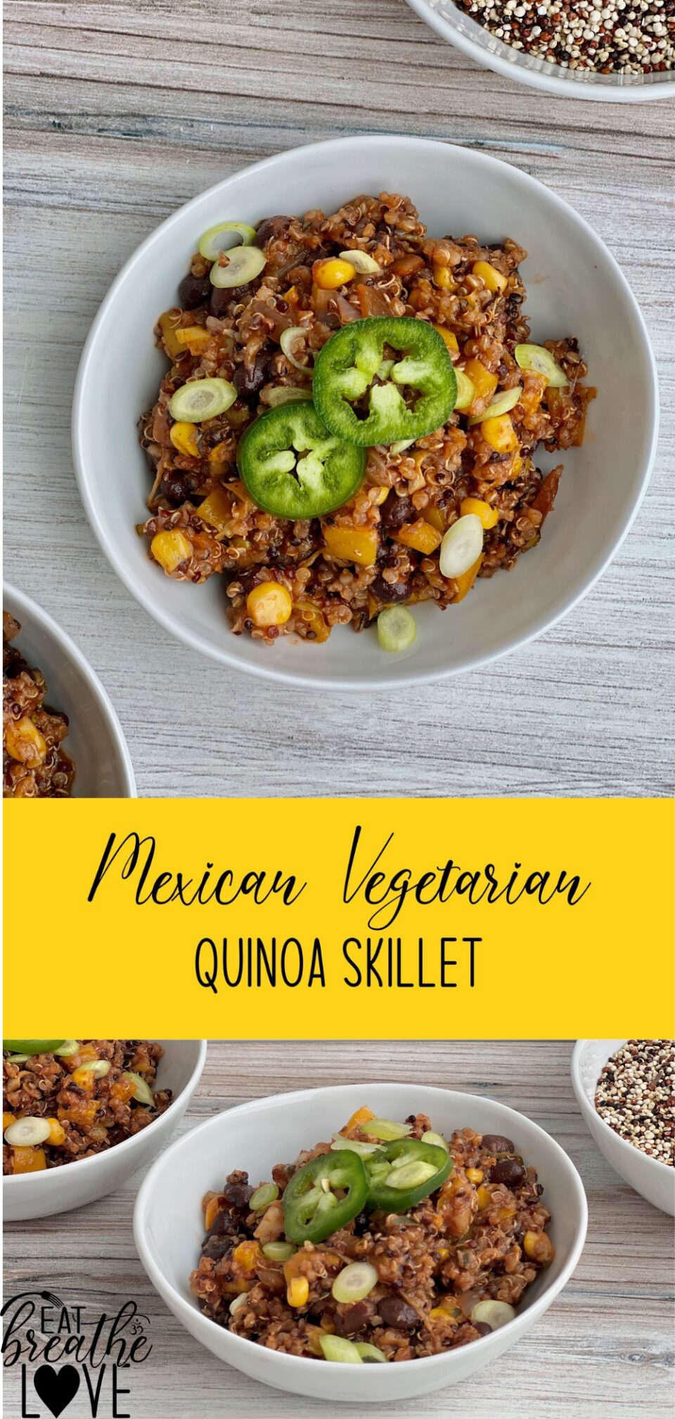 Pictures of Mexican quinoa dish topped with jalapeños