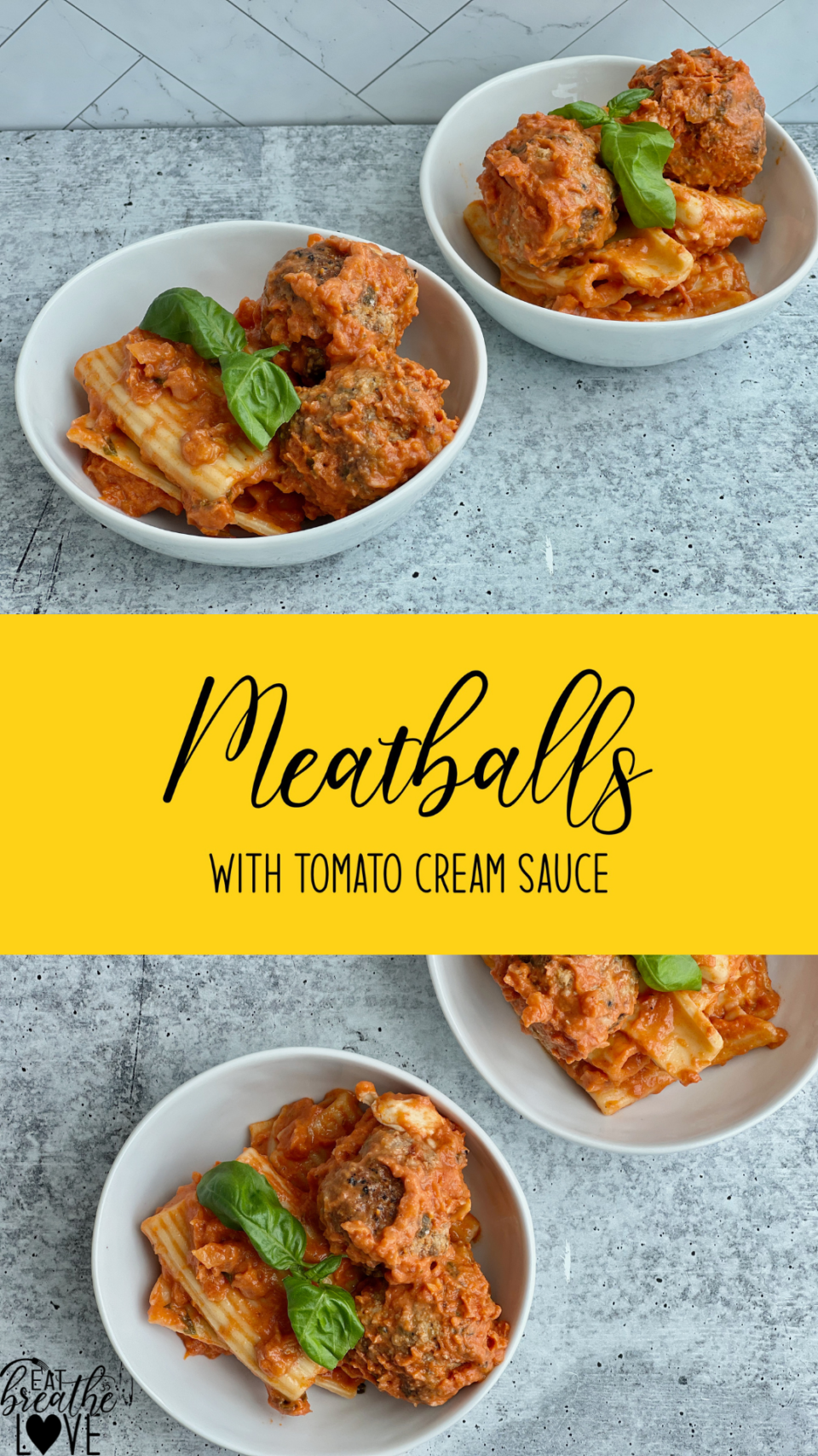 Meatballs with Tomato Cream Sauce A bowl of pasta and meatballs