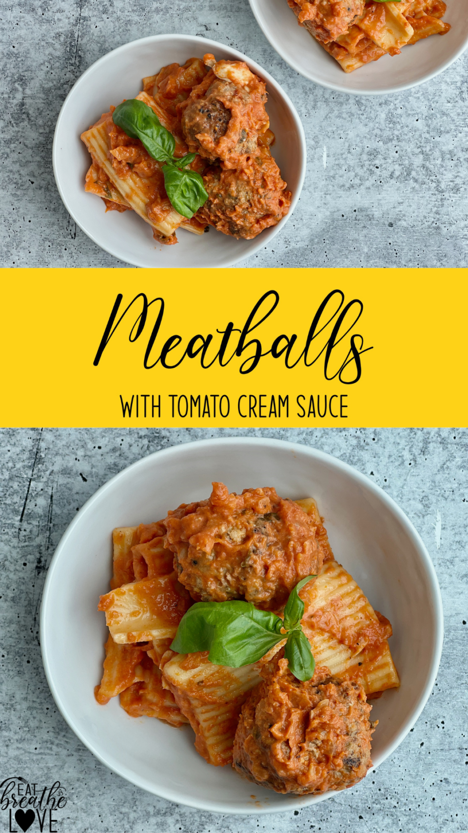 Meatballs with Tomato Cream Sauce A bowl of pasta and meatballs